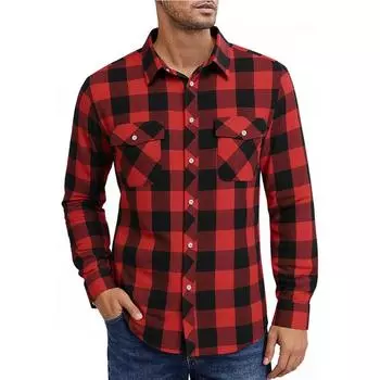 Spring and Summer Slim-fit Black and Red Polished Plaid Shirt Long-sleeved Double-pocket Large-size Cardigan S