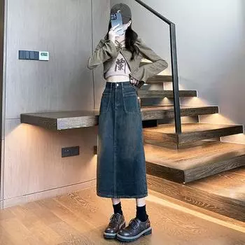 Spring and Summer Slit Versatile A-line Mid-length Skirt for Women In Spring and Summer Slim Hip Denim Skirt XS