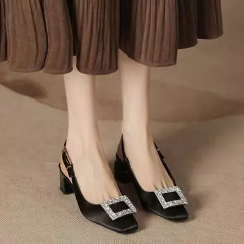 Spring and summer square head high heel empty shoes thick heel French shoes summer fashion versatile sandals women s satin rhinestone shoes 34 чёрный