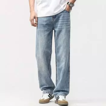 Spring and Summer Thin Tennis Straight Jeans Men s American High Street Loose Wide-leg Trousers 28 синий