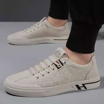 Spring and summer trend board shoes men s genuine leather men s sports and leisure leather shoes one pedal hollow breathable white shoes men 38