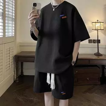 Spring and Summer Waffle Suit Youth Leisure Sports Suit Handsome Shorts Men s Short-sleeved Two-piece Suit XXXXXL белый