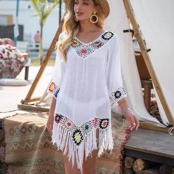 Spring and Summer Women s Beach Bikini Cover Up with Fringe Trim Women Sexy Hollow Tunic Beach Dress Bathing Suit Beachwear One Size