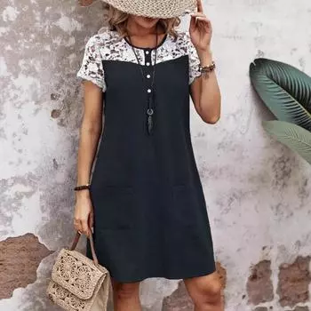 Spring and Summer Women s Casual Loose Color-blocking Lace Patchwork Pocket Dress S чёрный