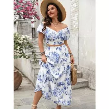 Spring and Summer Women s Casual Printed Large V-neck Top and Long Printed Skirt Set 1XL