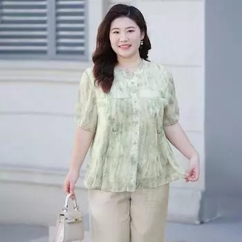 Spring and Summer Women s Chiffon Blouse Middle-aged Mother s Wear Floral V-neck Thin Shirt Short-sleeved Top XL зелёный
