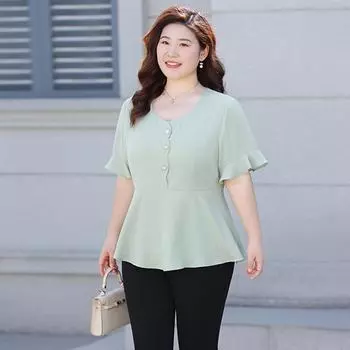 Spring and Summer Women s Chiffon Shirts Short-sleeved Shirts Three-quarter Sleeves Fashionable Drape Top XL зелёный