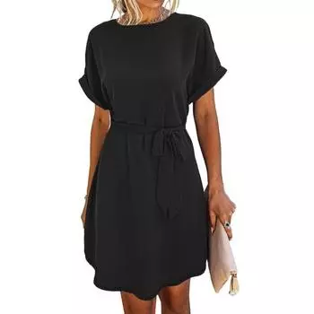 Spring and Summer Women s Lace-up Round-neck Fashionable Dress S чёрный