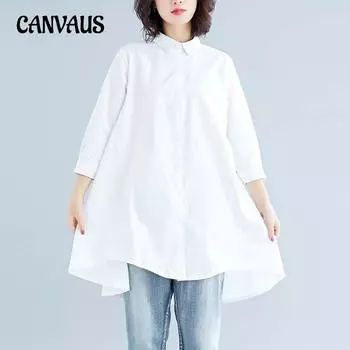 Весенне-летняя женская литературная свободная однотонная рубашка средней длины с лацканами больших размеров L белый