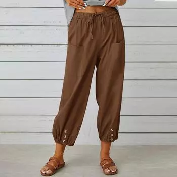 Spring and Summer Women s Pants Loose High Waist Button Pants Nine-point Pants Wide Leg Pants S хаки