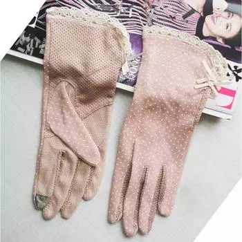 Spring and Summer Women s UV-Proof Sun-Proof Cycling and Driving Short Sub-Finger Touch Screen Cotton Thin Non Slip Sun-Proof Gloves Lace short naked powder All yards