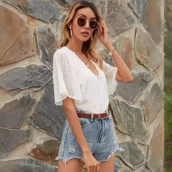 Футболка женская весенне-летняя с коротким рукавом, V-образным вырезом, оборками на рукавах, шифоновым кружевом, полосками и точками, жаккардовая S темно-зеленого