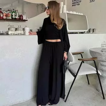 Spring and Summer Womens Casual Three-piece Suit, Long Cardigan, Long-sleeved Top, High-waisted Trousers, Fashion Suit L чёрный