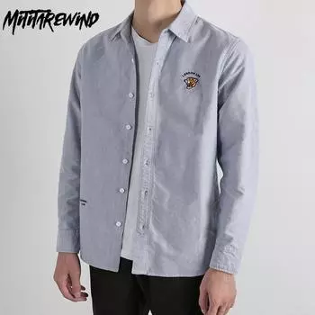 Spring/Autumn 100 Cotton Mens Shirts Daily Casual Long Sleeve Slim Fit Shirt Square Tiger Embroidery Oxfords Button Shirt Top M белый