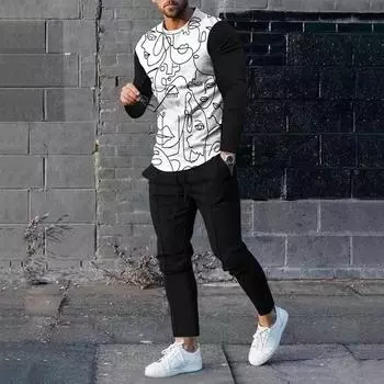Весна-Осень 3D-принт с рисунком в виде палочки, мужской костюм с длинным рукавом, модный повседневный уличный простой свитшот с круглым вырезом и панк-костюм S