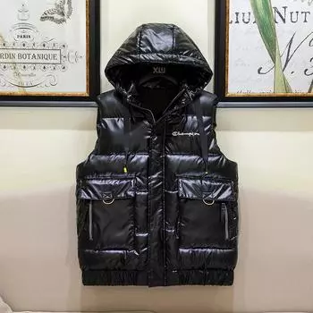 Spring, Autumn and Winter Cold-proof Leave-in Thickened Removable Down Cotton Vest Men s Sleeveless Vest Waterproof Jacket M (80-45 kg) чёрный