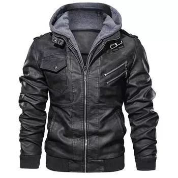 Spring, autumn and winter new leather jacket, men s hooded leather jacket, young men s jacket S