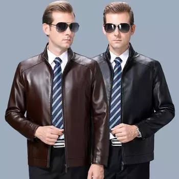 Весна, осень и зима. Мужская кожаная куртка из овчины с воротником-стойкой. Для людей среднего и пожилого возраста. Теплая бархатная кожаная куртка. 170