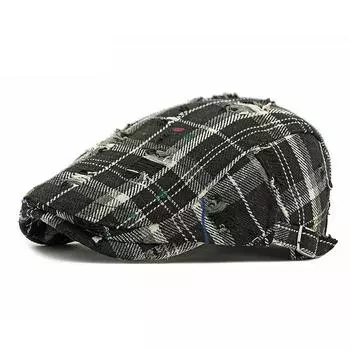 Spring Autumn Beret British Vintage Plaid Cap Ripped Peaked Cap Men s Forward Cap чёрный