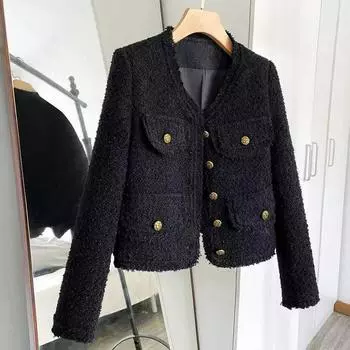 Spring Autumn Blacktweed Style Cropped Jacket Thin Elegant Socialite Long Sleeve Topins Thin Regular Crew Neck Jacket L