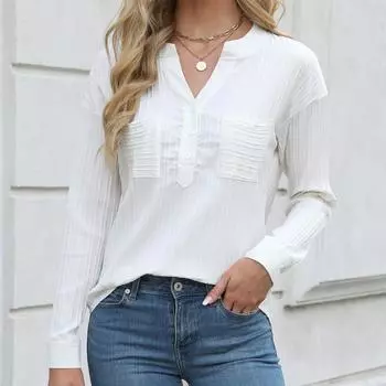 Блузки весна осень женская рубашка V-образный вырез длинный рукав карман мода темперамент повседневный однотонный пуловер топ S темно-коричневого