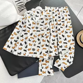 Весна-Осень, женский пижамный комплект из хлопка с начесом, с принтом таксы, 2 предмета, длинные рукава, эластичный пояс, брюки, одежда для сна, домашний костюм M