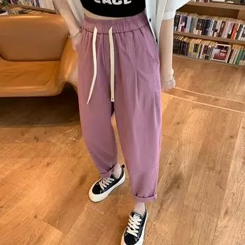 Spring Autumn Casual Loose Harem Pants Women Straight High Waist Slim Fit Simper Trousers Women Solid Drawstring Cotton Wide Leg Pants Women 30971 S чёрный