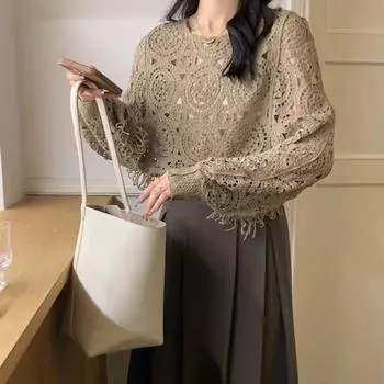 Весенне-осенняя повседневная свободная вязаная блузка с круглым вырезом и цветочным принтом, с длинными рукавами и кисточками, модная винтажная блузка one size чёрный