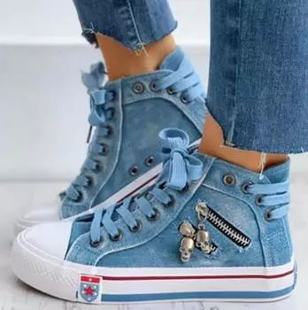 Spring/Autumn Casual Shoes Trainers Walking Skateboard Lace-up Shoes Femmes Women Fashion Sneakers Denim Canvas Shoes 35 синий
