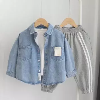 Spring Autumn Children Jean Tops Boys Blue Denim Shirts Long Sleeved Turn Down Collar Loose Casual Shirt 150cm синий