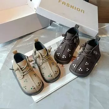 Spring Autumn Children s Boots Thick Bottom Simple Girls Ankle Boots Fashion Polka Dot Printed Kids Causal Short Boots Non-slip 22 хаки