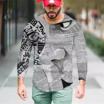 Весна Осень Модная Повседневная Мужская Футболка 3D Надпись Печатная Мужская Одежда Длинный Рукав Круглый Воротник Спортивная Футболка S