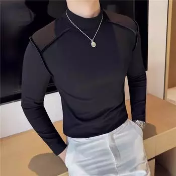 Spring Autumn Fashion Mock Neck Slim Fit T-Shirt Men Patchwork Elastic Casual T Shirts Mens Korean Style High Quality Tees Tops L чёрный