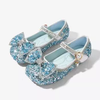 Весна Осень Девочки Праздничная Обувь Модные Блестящие Бантики Милые Дети Принцесса Свадебное Платье Кожаные Туфли Детские Одиночные Туфли 22 синий