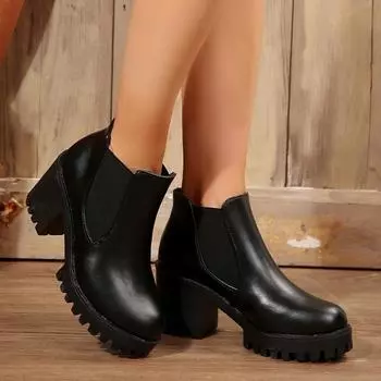 Spring Autumn High Heels Women s Ankle Boots 2024 Hot Sale New Fashion Solid Color PU Casual Black Ladies Shoes Botines Mujer 36 чёрный