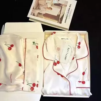 Spring Autumn Ice Silk 2 Pieces Pajamas for Women Fashion Cardigan Women s Pajamas Sweet Printing Loungewear Women Set L