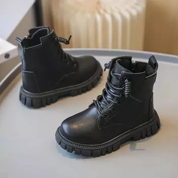 Spring Autumn Kid s Boot Classic Versatile Black Boots for Girl Simple Fashion Round-toe Children Causal Ankle Boots Side Zipper 26 чёрный