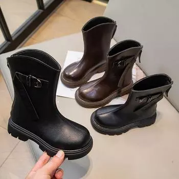 Spring Autumn Kids Boots for Girl Solid Color PU Princess Catwalk Boots Fashion Versatile Causal Children Simple Leather Boots 27 коричневый