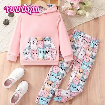 Spring Autumn Kids Clothes Sets Girls Cute Cartoon Cat Long Sleeve Pullover Sweatshirt Top + Pants Children Sports Clothing