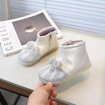 Spring Autumn Kids Fashion Princess Ankle Boots Sweet Bowknot Girls Causal Boots Luxury Rhinestone Children Leather Boots New 23 бежевый