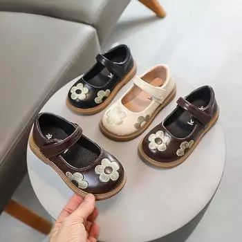 Весна Осень Детские кожаные туфли Милая вышивка Элегантные туфли для девочек-принцесс Модные детские туфли на плоской подошве с круглым носком для танцев Нескользящие 21 чёрный