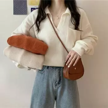 spring Autumn Loose Sweater Women Fashion Female Long Sleeve polo collar Vintage solid Pullover Knitted Casual Sweaters Knitwear One Size