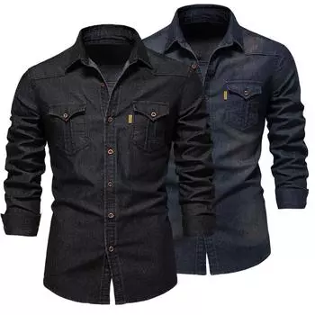 Spring Autumn Men s Denim Shirts Casual Long Sleeve Quality Cowboy Shirt Solid Color Slim Fit Elastic Jean Shirts for Men XXXL чёрный