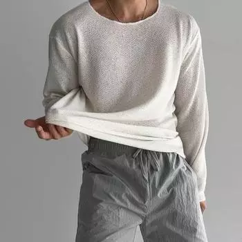 Spring Autumn Men Top Round Neck Long Sleeves Thin Hollow Out Solid Color XXL чёрный