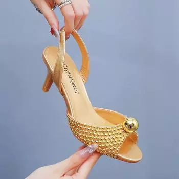 Весна Осень Новые 6 см Золотые Босоножки на Высоком Каблуке с Желтым Носом Туфли С Круглым Носом Жемчужные Высокие Каблуки Летняя Женская Обувь 37 золотой