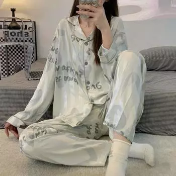 Весна Осень Новая женская пижама Ice Silk с отворотом, кардиган, комплект из 2 предметов, женская домашняя одежда с принтом букв для пожилых женщин M