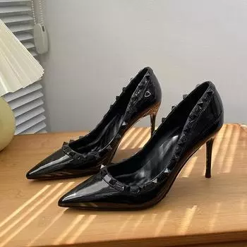 Spring Autumn New Luxury Women s High Heels Versatile Pointed Shallow Mouth Fine Heels Casual Shoes Retro Rivet Black High Heels 35 чёрный