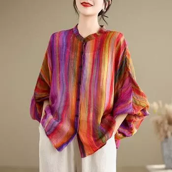 Spring Autumn New Round Neck Long Sleeve Fashion Shirt Women Casual Striped Patchwork Button Cardigan Elegant Cotton Hemp Tops L