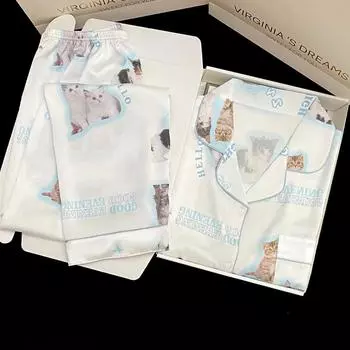 Весна Осень Новая Мягкая Пижама для Женщин Кардиган Пижамный Комплект Для Женщин Милая Пижама С Принтом Кота Для Девочек M белый