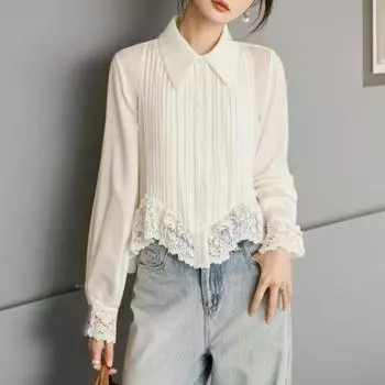 Spring Autumn New Solid Color Turn-down Collar Long Sleeve Fashion Shirt Women High Street Casual Button Patchwork Lace Cardigan L